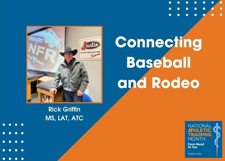 Rick Griffin in a rodeo athletic training room. Rick is an older white man wearing a cowboy hat.